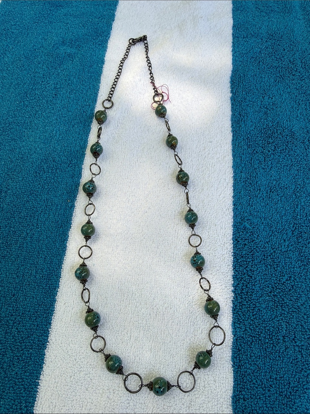 Hand Crafted Green Beaded Necklace with Antiqued Metal Links